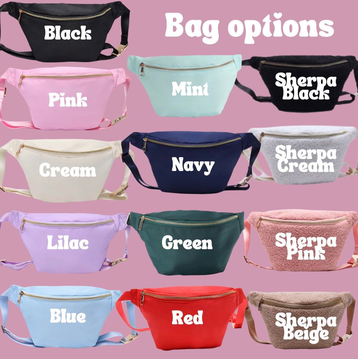Collection of various coloured crossbody bags with labels on a pink background