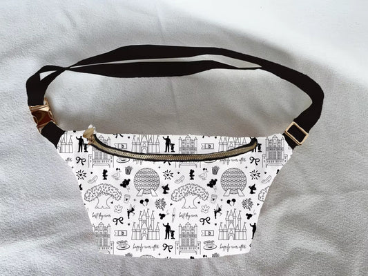 Fanny pack with black and white pattern on a light gray background