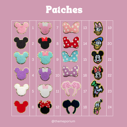 Collection of various patches on a pink background