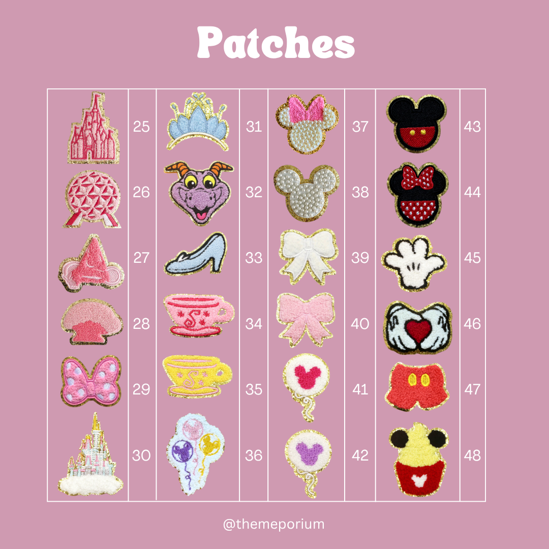 Collection of various patches on a pink background