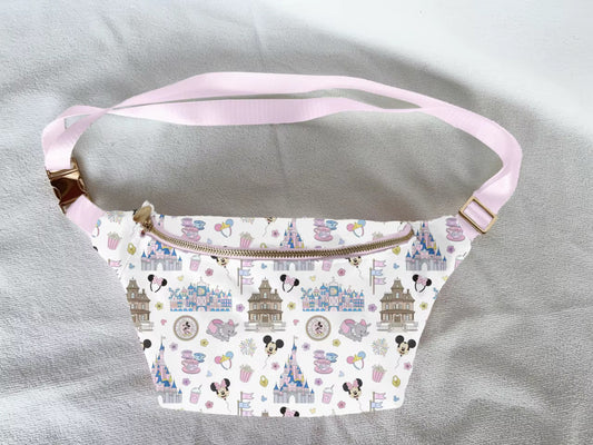 Fanny pack with a colorful design on a gray surface