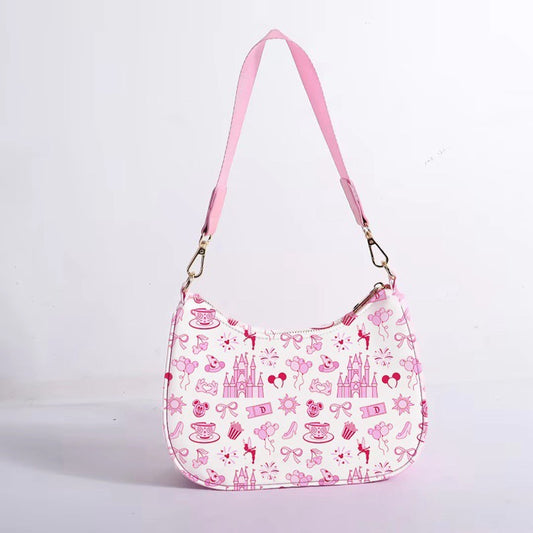 Pink and white patterned handbag on a light gray background