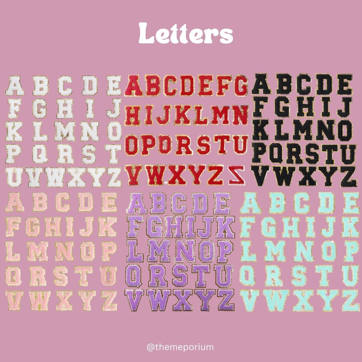Alphabet letters in various colours on a pink background with 'themeporium' branding.
