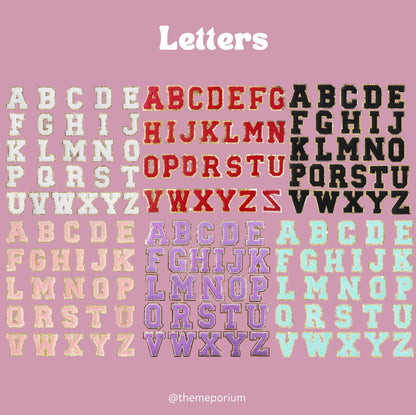 Alphabet letters in various colours on a pink background with 'themeporium' branding.